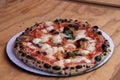 Round gourmet cheese pizza with red sauce and basil leaves with several burnt portions on a wooden tabletop Royalty Free Stock Photo