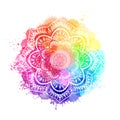 Round gradient mandala on white isolated background. Mandala over colorful watercolor