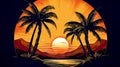 Round graphic palm tree and sun. Sunset on the sea. Ai generadet art. Royalty Free Stock Photo