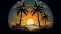 Round graphic palm tree and sun. Sunset on the sea. Ai generadet art. Royalty Free Stock Photo