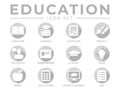 Round Gray Education School Icon Set. Literature, Learning, Certificate, Creativity, Professor, Presentation, Student, Ideas, Royalty Free Stock Photo