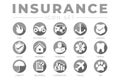 Round Gray Insurance Icon Set with Car, Property, Fire, Life, Pet, Travel, Dental, Commercial, Health, Marine, Liability Insurance