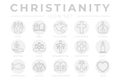 Round Gray Outline Christianity Icon Set with Faith, Bible, Crucifixion , Baptism, Church, Resurrection, Holy Spirit, Saints,