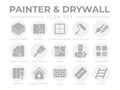 Round Gray Painter and Drywall Icon Set with Plasterboard, Paint Roller, Brush, Painter Color Palette, Painting, Wall, Plaster,