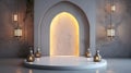 Round gray podium for product presentation with Arabic decor and lanterns