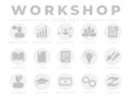 Round Gray Workshop Icon Set. Presentation, Development, Networking, Teamwork, Guide, Literature, E-Book, Certificate, Ideas,