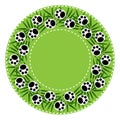 Round green frame with panda paw prints and palm leaves.