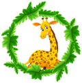Round Green Leaves Banner Template With A Giraffe Cartoon Character
