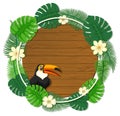 Round green leaves banner template with a toucan cartoon character