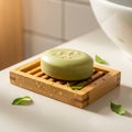 Round green soap rests on a Royalty Free Stock Photo