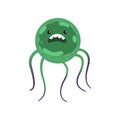 Round green bacterium or virus with several long thin legs isolated on white background