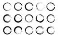 Round grunge brush frames. Circle and stamp brush stroke borders, artistic brush blots and black paint frame design