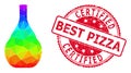 Round Grunge Certified Best Pizza Badge With Vector Lowpoly Wine Jug Icon with Spectrum Gradient