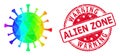 Round Grunge Warning Alien Zone Stamp with Vector Polygonal Red Virus Icon with Spectral Colored Gradient