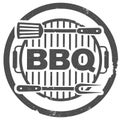 Round grungy barbeque BBQ rubber stamp print with grill and utensils