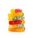 Round Gummy Candy Pile Isolated, Chewing Colorful Marmalade Sticks, Jelly French Fries Heap, Gelatin Candies Royalty Free Stock Photo