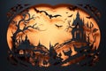 Round halloween night composition in a paper cut style design with old house, scary forest