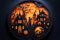 Round halloween night composition in a paper cut style design with old house, scary forest