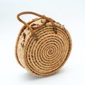 Round handmade woven basket with leather handles