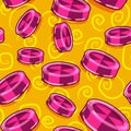 Round hard candies in two colors seamless pattern for Halloween. Trick or treat fruity pink and purple lollipops on orange and yel