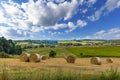 Round hay bale on a field with trees and a farms under a blue cloudy sky Royalty Free Stock Photo