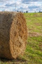 A round hay bale lying on a harvested stubble field. Rolled Straw stack on agrofarm field. Harvest season landscape Royalty Free Stock Photo