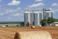 Agricultural Grain Bins in a Farm Field Royalty Free Stock Photo