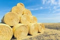 Round hay bales stacked on a field under blue sky Royalty Free Stock Photo