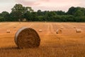 Round hay bales at sunset on farmland in West Sussex, UK