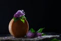 Round head of hard cheese with a sprig of lilac on a black background. Horizontal photo. Copy of the space. The concept of still