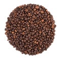 Round heap of roasted coffee beans top view isolated on white background