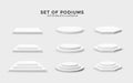 Round hexagonal and square stage collection. Set of empty podiums isolated on white background
