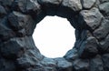 Round hole in gray stone background. Rough rock texture, seamless block structure. Abstract wall with circle opening, copy space