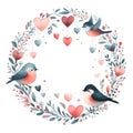 Round holiday frame with birds and plant herb with leaves watercolor paint for valentine\'s day holiday card decor