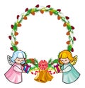 Round holiday garland with ornaments and angels bring presents.