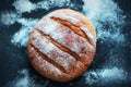 Round, homemade bread made from wheat flour lies on a tray stained with flour. The view from the top