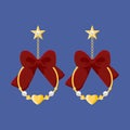 Round hoop dangle gold earrings with pearl, heart, diamond and red bow isolated on blue background. Woman Expensive luxury