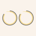 Round hoop golden earrings with black pearl and diamond isolated on beige background. Woman Expensive luxury accessories. Flat