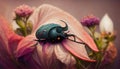 Round with horn on head of beetle on flower on pink background.