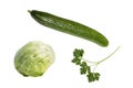 Round iceberg lettuce, cucumber, sprig of parsley Royalty Free Stock Photo