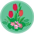 Round icon-applique with a Bush of spring flowers and red tulips