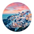 Round icon of cityscape. Impressive evening view of Santorini island. Picturesque spring sunset on the famous Greek resort Oia, Gr