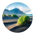 Round icon of nature with landscape. Black sand dunes on the Stokksnes headland on southeastern Icelandic coast with Vestrahorn B