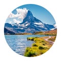 Round icon of nature with landscape. Colorful summer view of Stellisee lake. Great outdoor scene with Matterhorn peal. Swiss Alps, Royalty Free Stock Photo