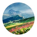 Round icon of nature with landscape. Dramatic summer view of Sassolungo/Langkofel and Sella group, National Park Dolomites, Italy,