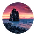 Round icon of nature with landscape. Huge basalt stack Hvitserkur on the eastern shore of the Vatnsnes peninsula. Dramatic summer