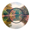 Round icon of nature with landscape. Impressive morning view of Rakotz Bridge Rakotzbrucke, Devil`s Bridge in Azalea and Rhodod