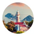 Round icon of nature with landscape. Lighthouse on Gelidonya peninsula in April. Colorful sunset in Turkey, Asia. Evening scene on