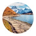 Round icon of nature with landscape. Nice autumn scene of Bachsee lake with Wetterhorn and Wellhorn peaks on background, Alps, Gri