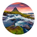 Round icon of nature with landscape. Picturesque summer sunset on famous Kirkjufellsfoss Waterfall and Kirkjufell mountain, Icelan Royalty Free Stock Photo